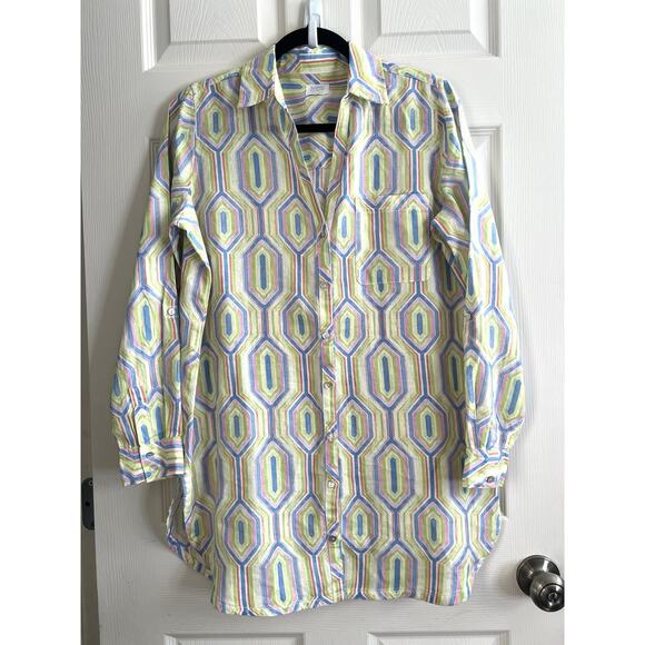 SIGRID OLSEN 100% Linen Colorful Geometric Button Up Roll-Tab Tunic Blouse Top - Picture 1 of 9